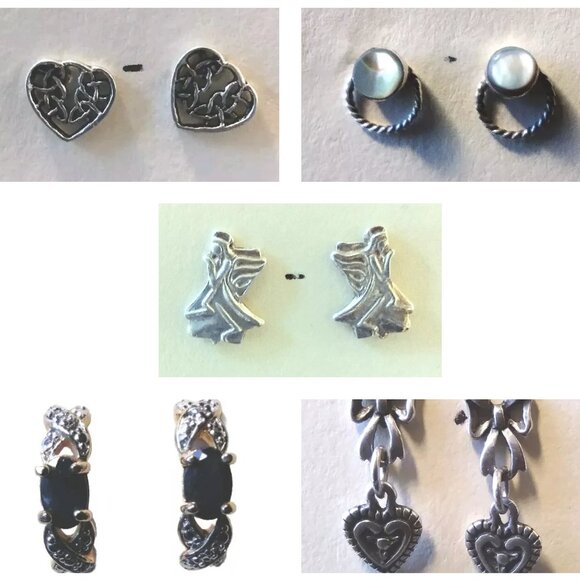 5 Pairs Sterling Silver Earrings, all marked 925. Hearts Angels MOP. Nice - Picture 1 of 9